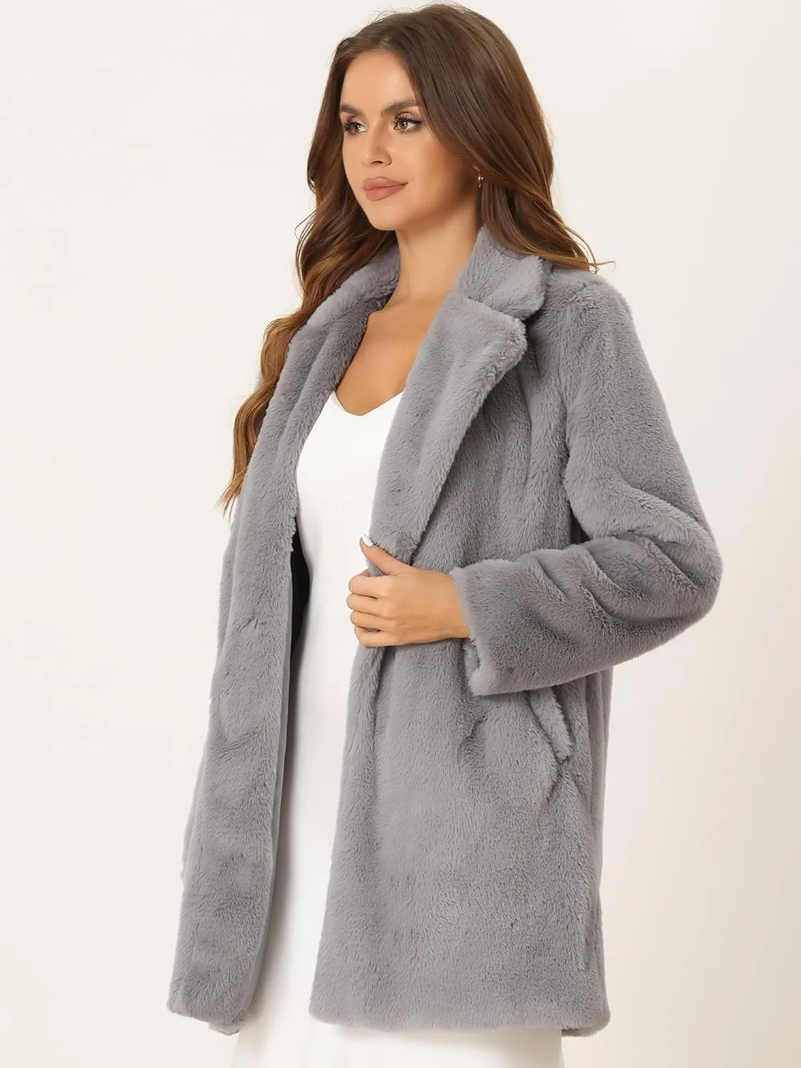 Allegra K Women's Faux Fur Coat Lapel Warm Overcoat Winter Open Front Fluffy Jackets