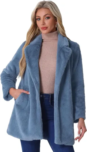 Allegra K Women's Faux Fur Coat Lapel Warm Overcoat Winter Open Front Fluffy Jackets