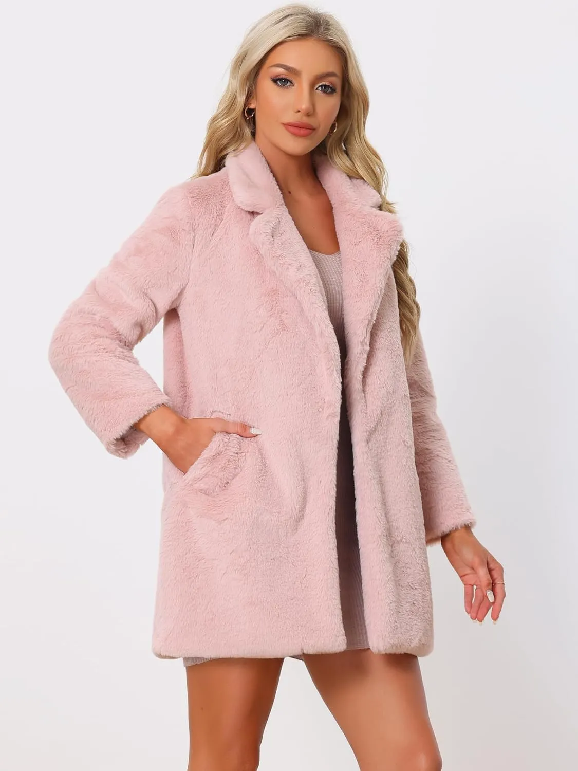 Allegra K Women's Faux Fur Coat Lapel Warm Overcoat Winter Open Front Fluffy Jackets