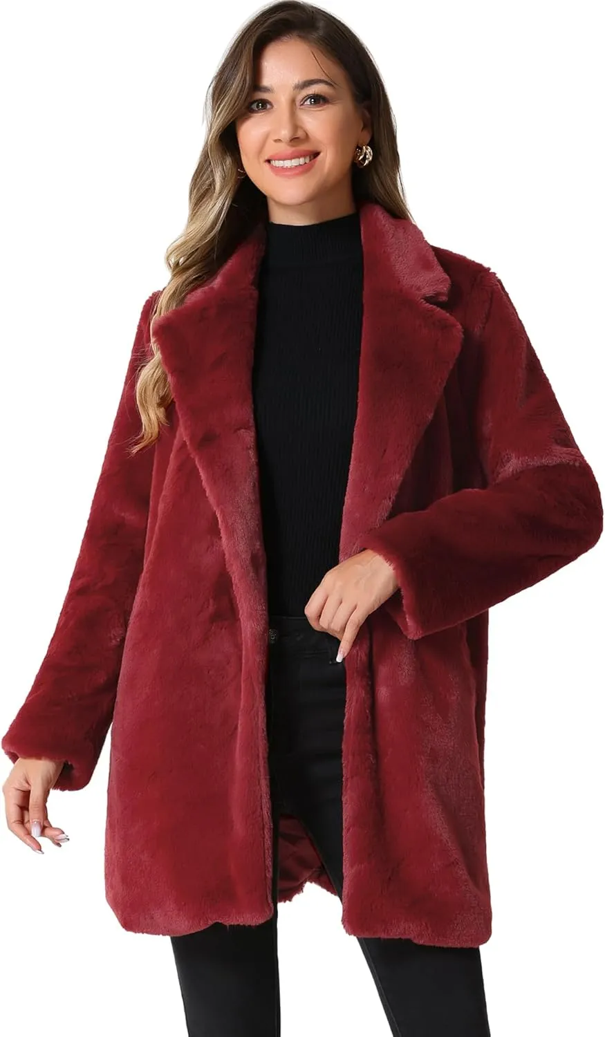 Allegra K Women's Faux Fur Coat Lapel Warm Overcoat Winter Open Front Fluffy Jackets