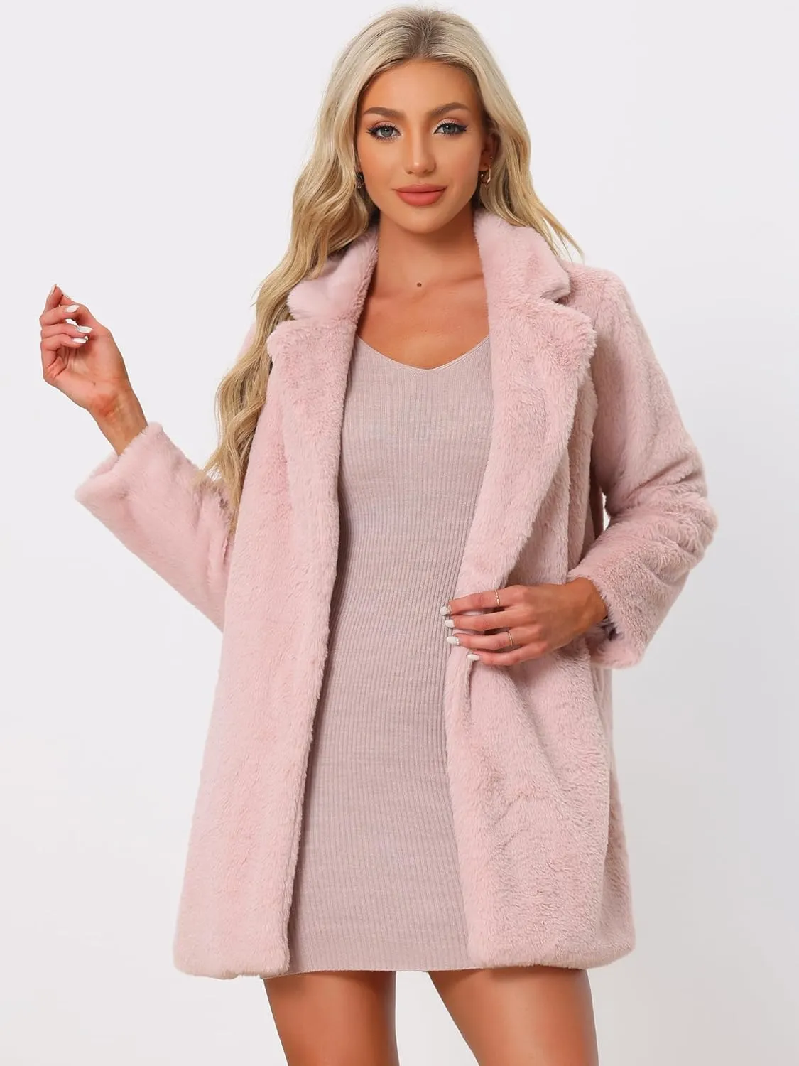 Allegra K Women's Faux Fur Coat Lapel Warm Overcoat Winter Open Front Fluffy Jackets