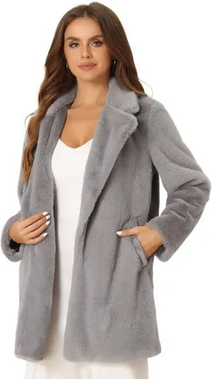 Allegra K Women's Faux Fur Coat Lapel Warm Overcoat Winter Open Front Fluffy Jackets