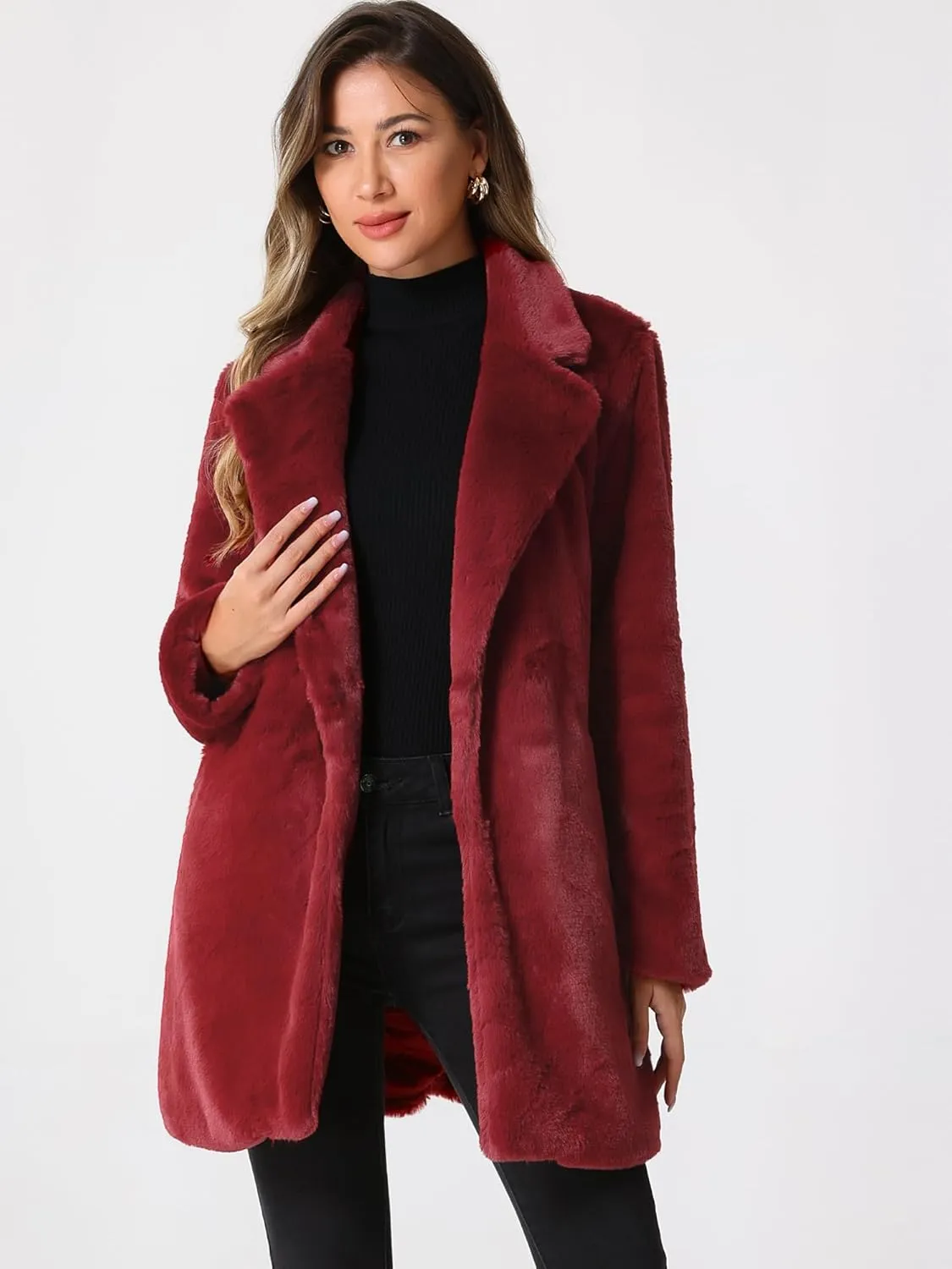 Allegra K Women's Faux Fur Coat Lapel Warm Overcoat Winter Open Front Fluffy Jackets