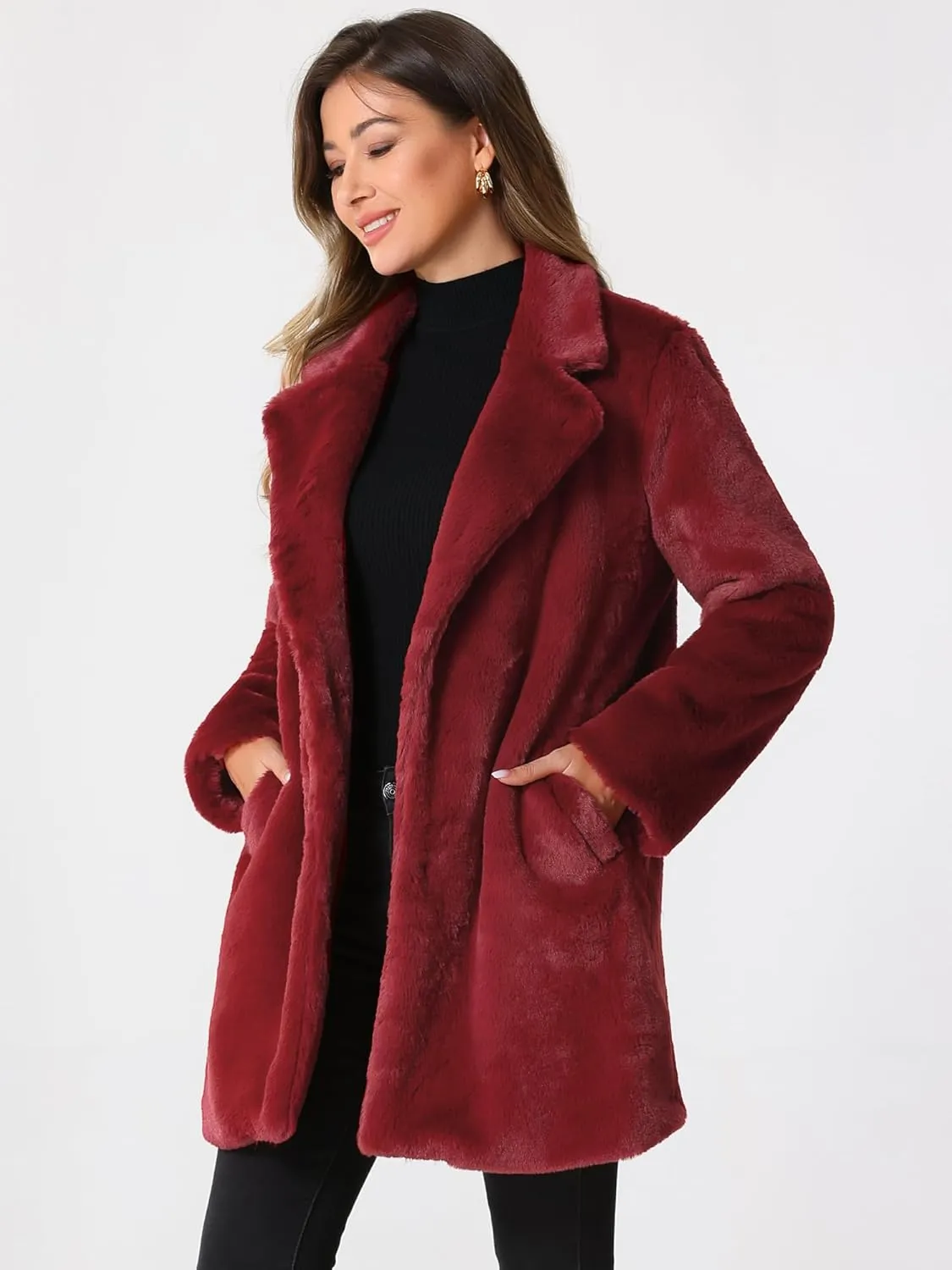 Allegra K Women's Faux Fur Coat Lapel Warm Overcoat Winter Open Front Fluffy Jackets