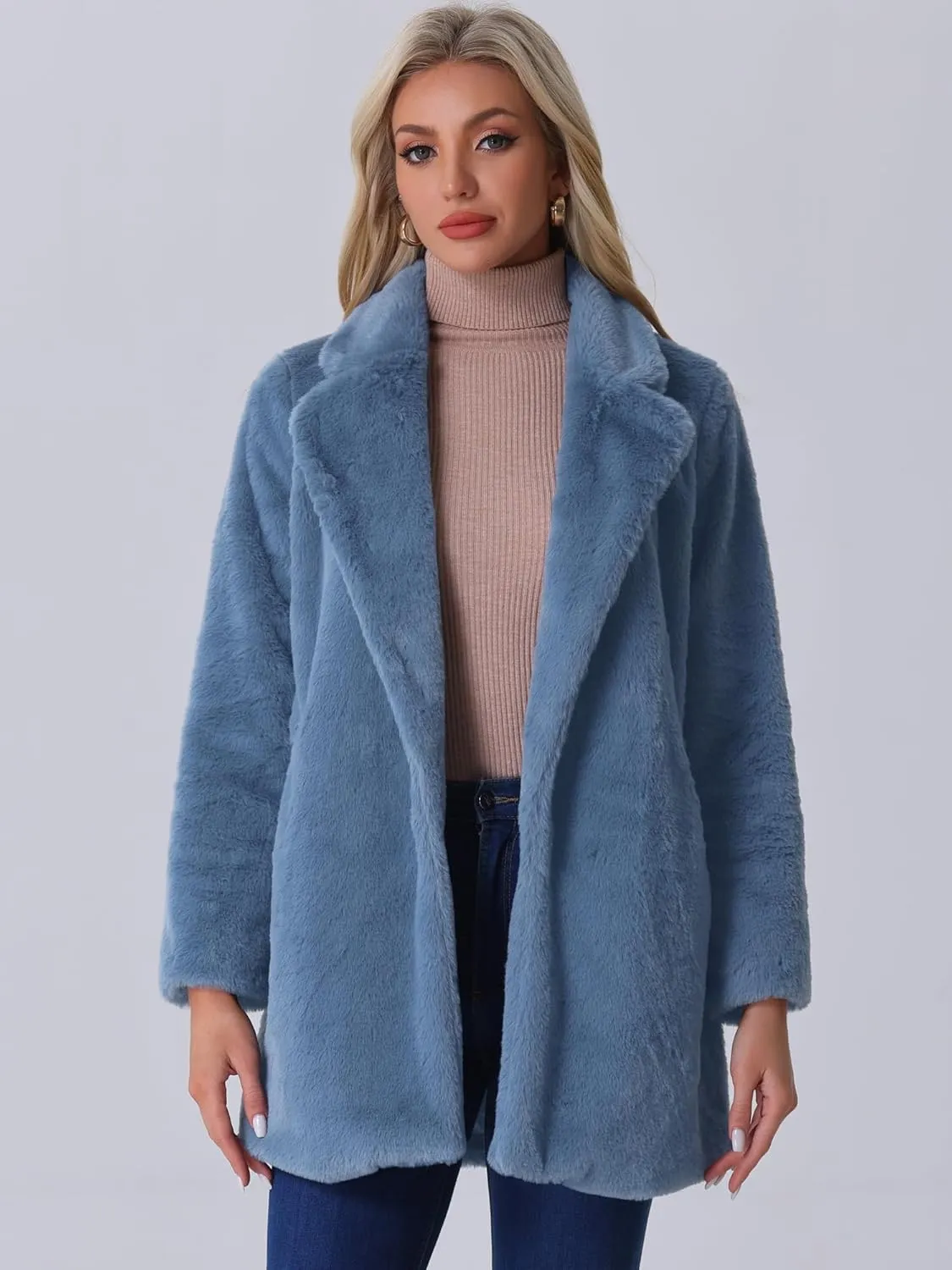 Allegra K Women's Faux Fur Coat Lapel Warm Overcoat Winter Open Front Fluffy Jackets