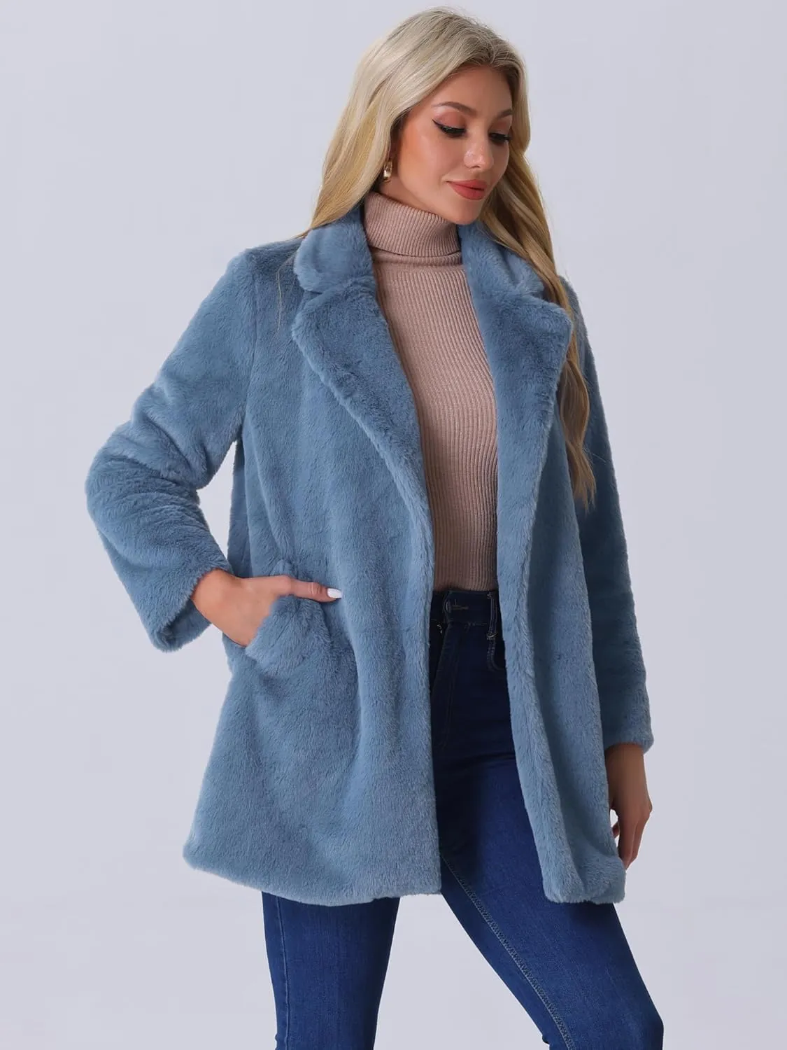 Allegra K Women's Faux Fur Coat Lapel Warm Overcoat Winter Open Front Fluffy Jackets