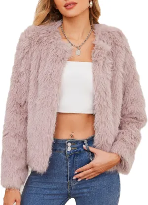 American Trends Womens Fleece Cropped Jacket Faux Fur Coats Long Sleeve Shaggy Warm Winter Clothes