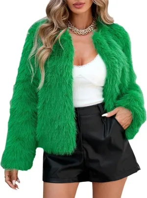 American Trends Womens Fleece Cropped Jacket Faux Fur Coats Long Sleeve Shaggy Warm Winter Clothes