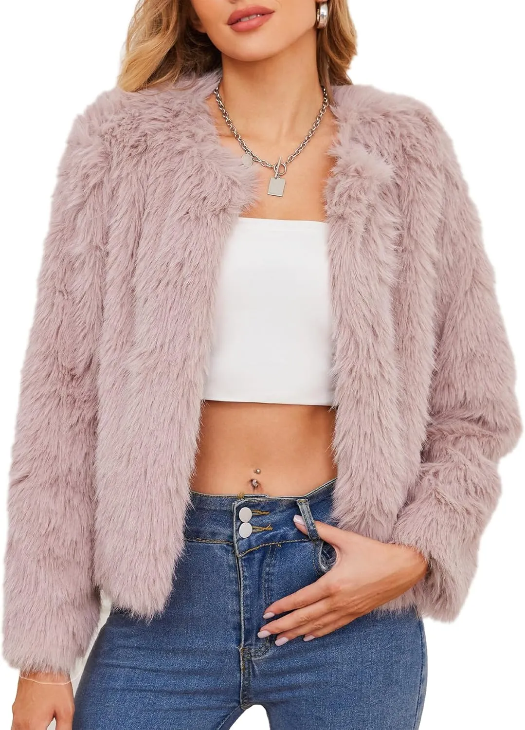 American Trends Womens Fleece Cropped Jacket Faux Fur Coats Long Sleeve Shaggy Warm Winter Clothes