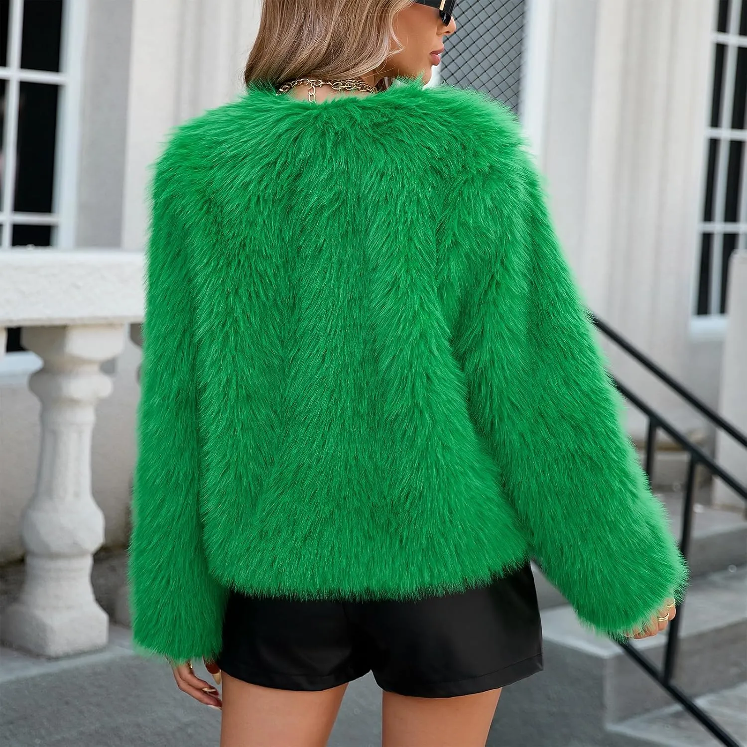 American Trends Womens Fleece Cropped Jacket Faux Fur Coats Long Sleeve Shaggy Warm Winter Clothes