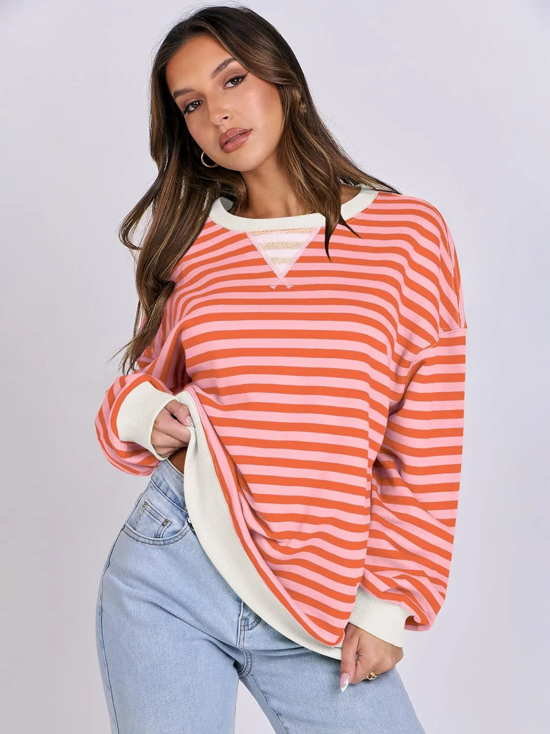 ANRABESS Women Striped Oversized Sweatshirt Crewneck Long Sleeve Shirts Hoodies 2025 Summer Fashion Pullover Top Y2K Outfits