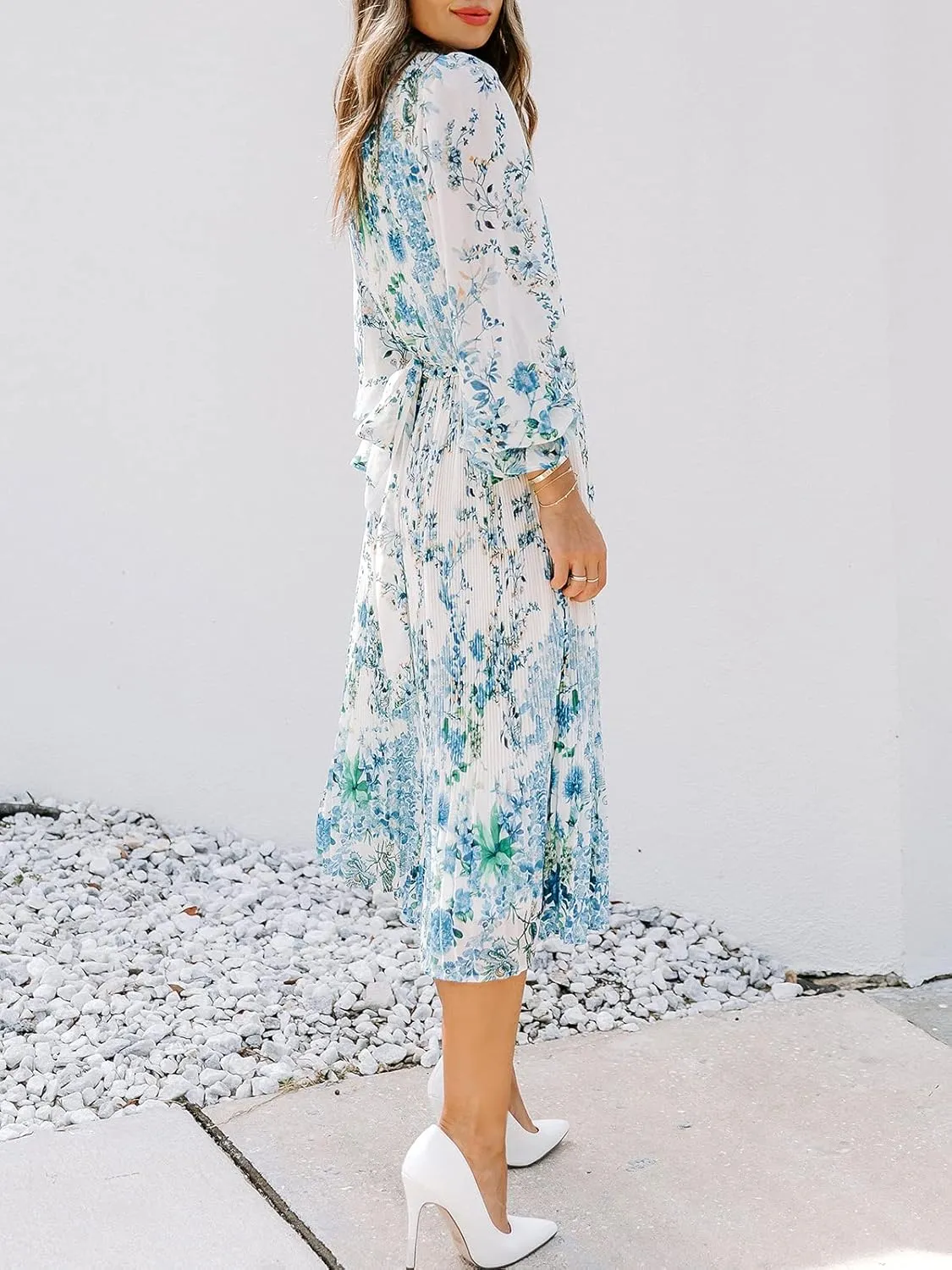 ANRABESS Women's Floral Midi Dress Puff Long Sleeve Casual Ruffle Chiffon A-Line Swing Pleated Belted Tea Party Dresses