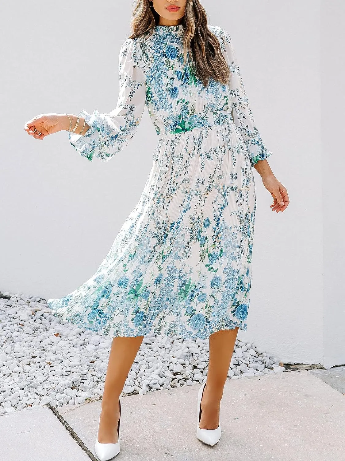 ANRABESS Women's Floral Midi Dress Puff Long Sleeve Casual Ruffle Chiffon A-Line Swing Pleated Belted Tea Party Dresses