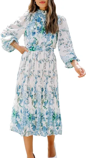 ANRABESS Women's Floral Midi Dress Puff Long Sleeve Casual Ruffle Chiffon A-Line Swing Pleated Belted Tea Party Dresses