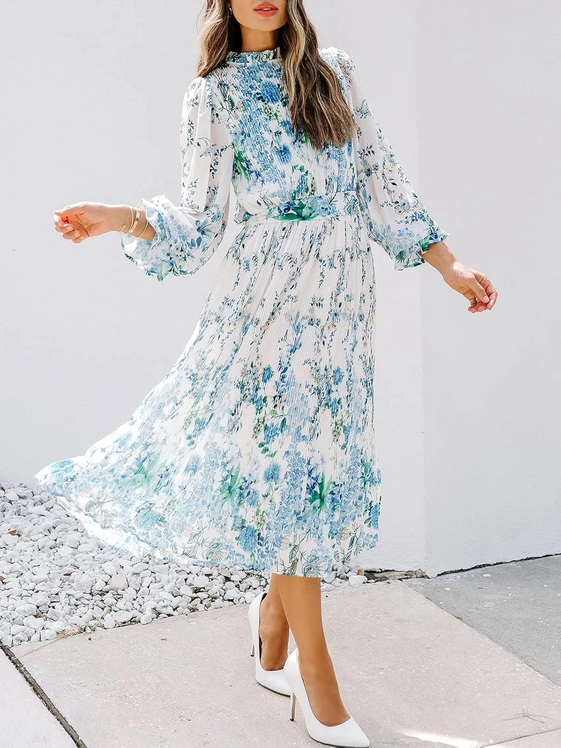 ANRABESS Women's Floral Midi Dress Puff Long Sleeve Casual Ruffle Chiffon A-Line Swing Pleated Belted Tea Party Dresses