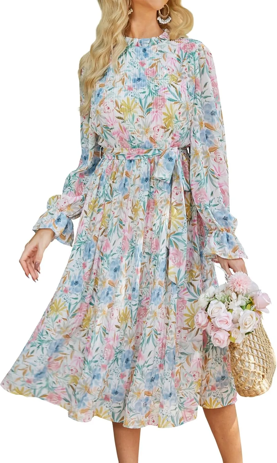 ANRABESS Women's Floral Midi Dress Puff Long Sleeve Casual Ruffle Chiffon A-Line Swing Pleated Belted Tea Party Dresses