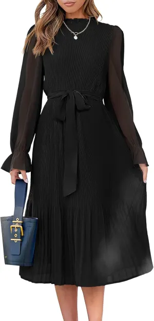 ANRABESS Women's Floral Midi Dress Puff Long Sleeve Casual Ruffle Chiffon A-Line Swing Pleated Belted Tea Party Dresses