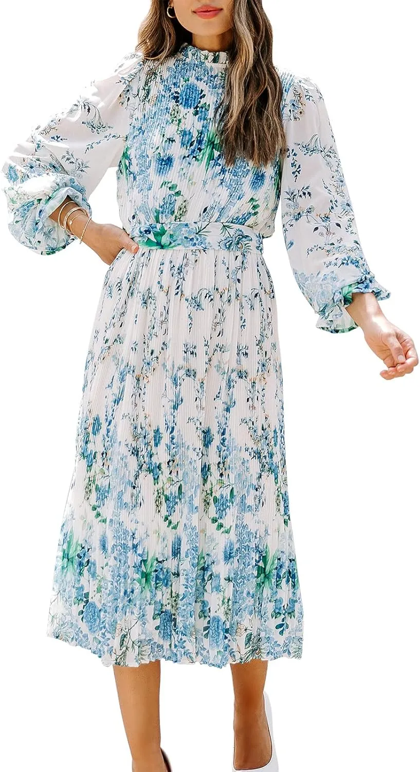 ANRABESS Women's Floral Midi Dress Puff Long Sleeve Casual Ruffle Chiffon A-Line Swing Pleated Belted Tea Party Dresses