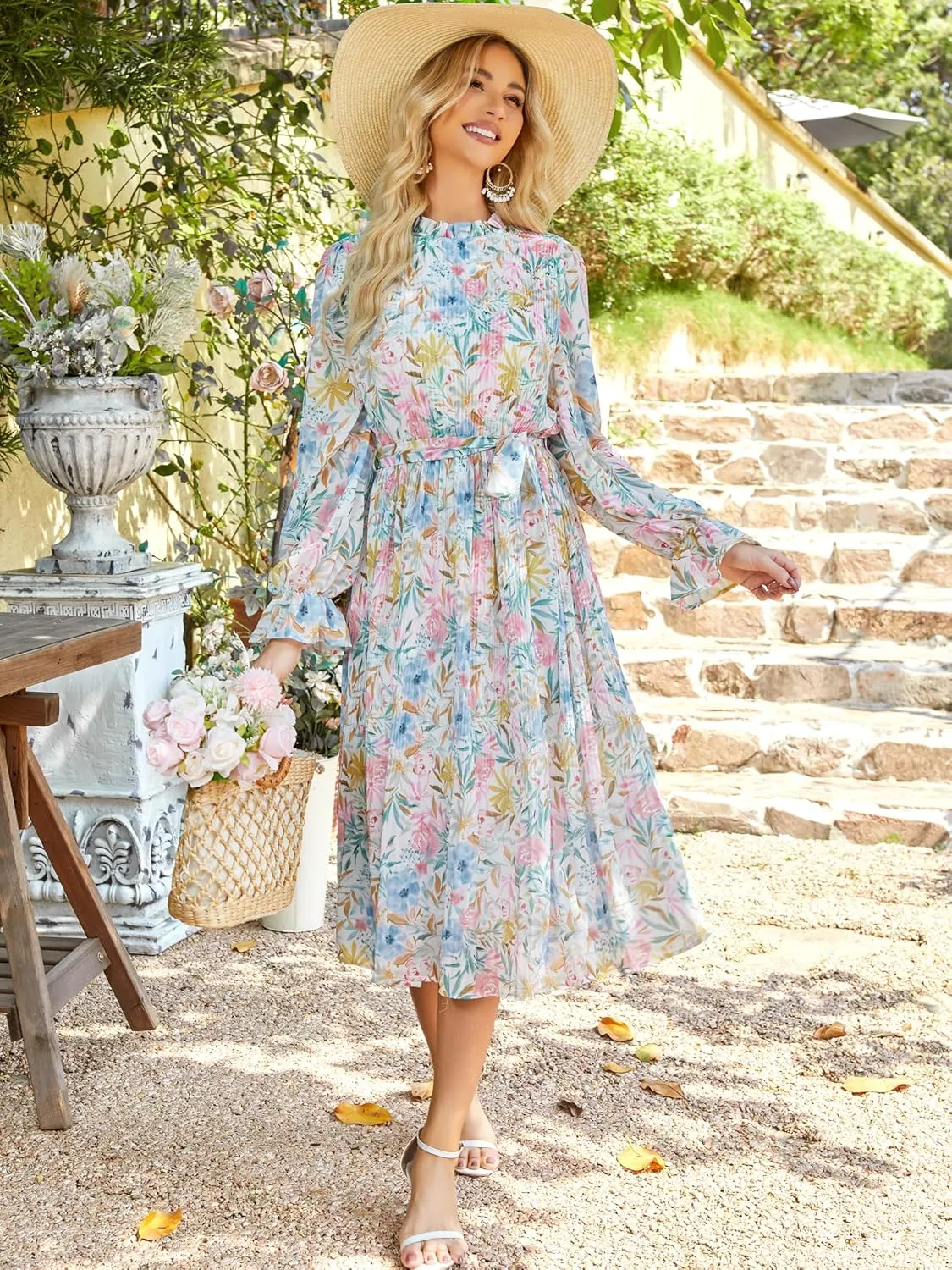 ANRABESS Women's Floral Midi Dress Puff Long Sleeve Casual Ruffle Chiffon A-Line Swing Pleated Belted Tea Party Dresses