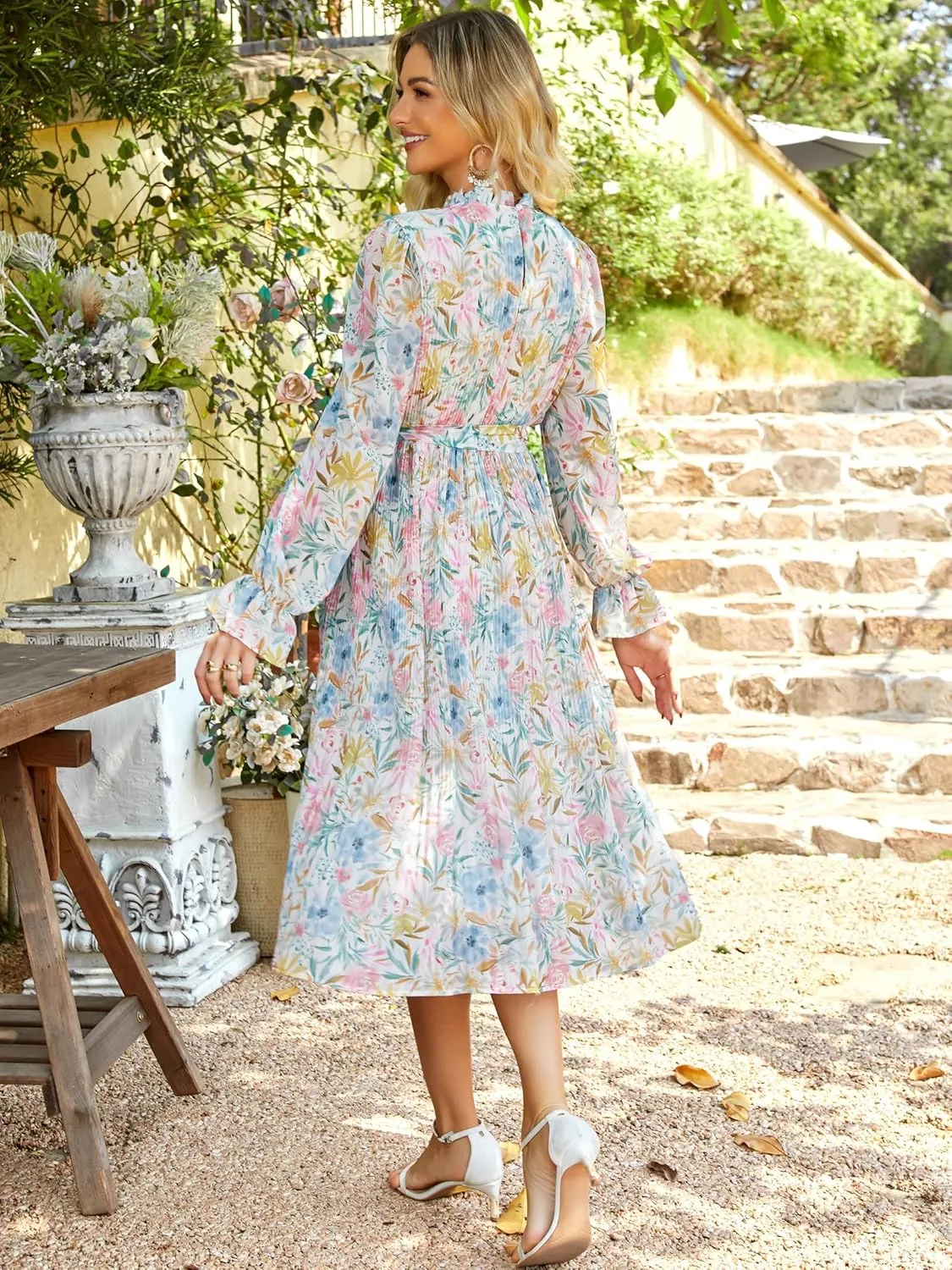 ANRABESS Women's Floral Midi Dress Puff Long Sleeve Casual Ruffle Chiffon A-Line Swing Pleated Belted Tea Party Dresses