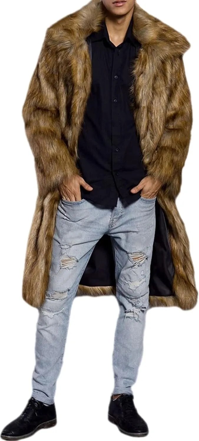 Colf Men's Fluffy Long Sleeve Faux Fur Coat Jacket Lapel Outwear Winter Parka Overcoat