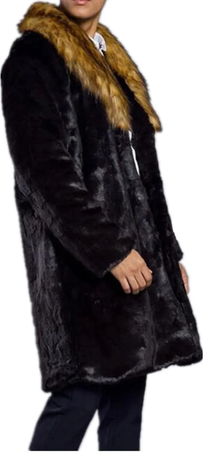 Colf Men's Winter Long Sleeve Turn Collar Faux Fur Coat Outwear Long Parka Jacket Overcoat