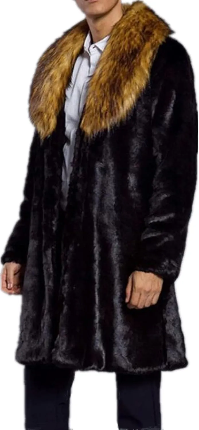 Colf Men's Winter Long Sleeve Turn Collar Faux Fur Coat Outwear Long Parka Jacket Overcoat