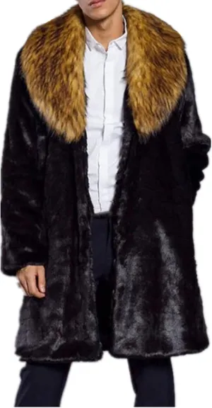 Colf Men's Winter Long Sleeve Turn Collar Faux Fur Coat Outwear Long Parka Jacket Overcoat