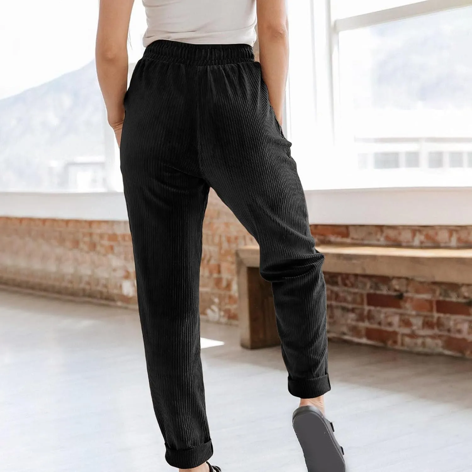Corduroy Pants for Women Fall Winter Full Length Pant High Waist Straight Leg Pants Casual Drawstring Elastic Trouser
