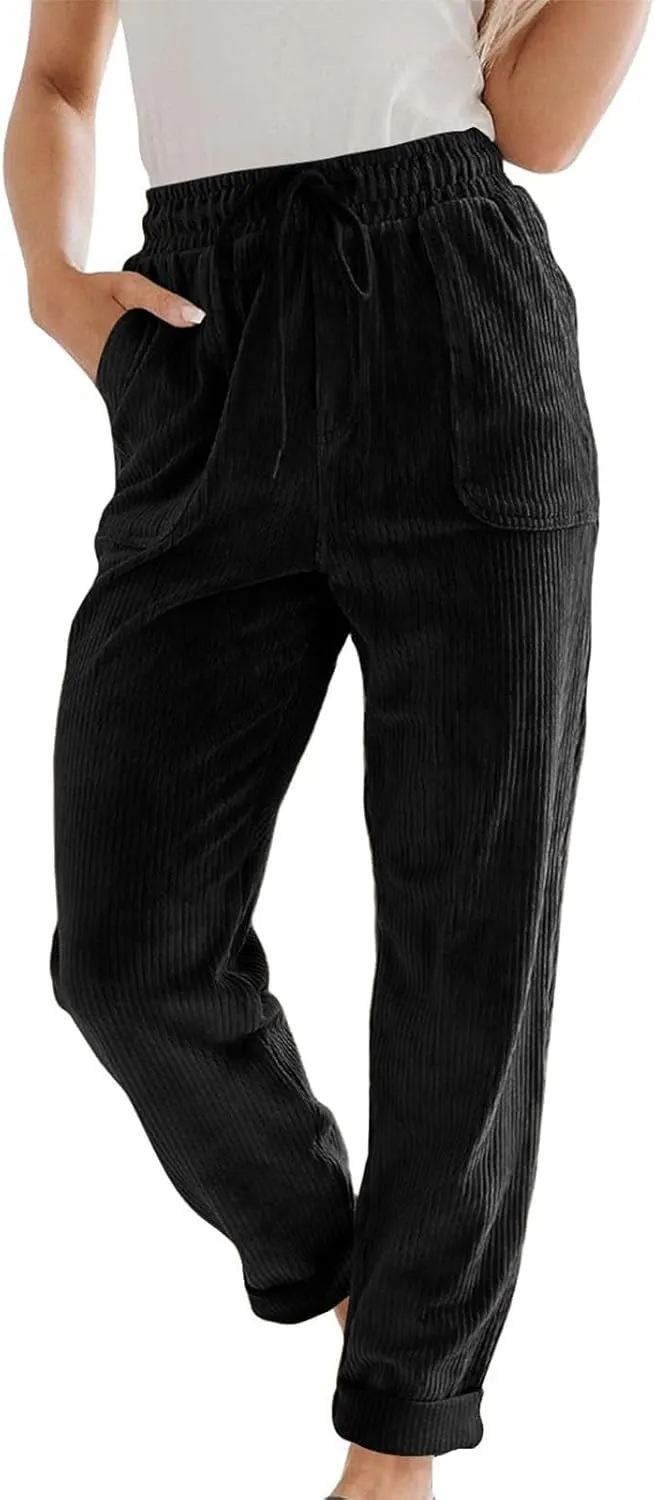 Corduroy Pants for Women Fall Winter Full Length Pant High Waist Straight Leg Pants Casual Drawstring Elastic Trouser