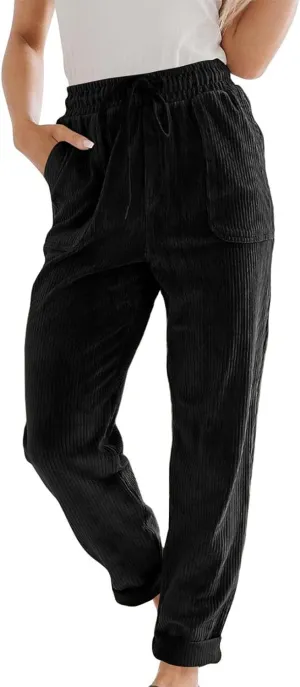 Corduroy Pants for Women Fall Winter Full Length Pant High Waist Straight Leg Pants Casual Drawstring Elastic Trouser