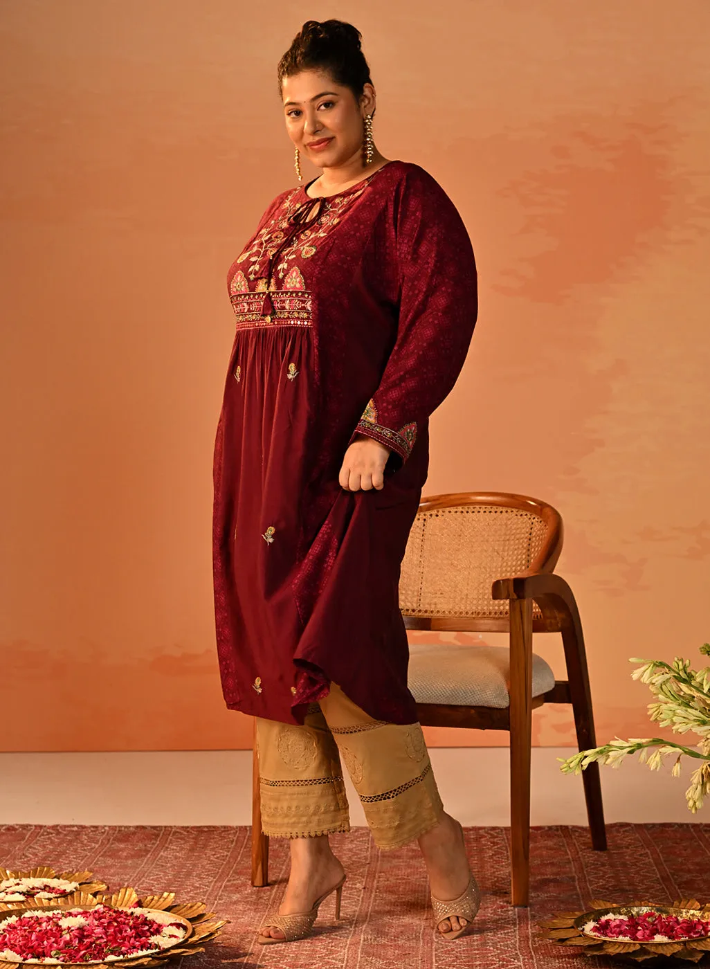 Dia Wine Printed Rayon Kurta for Women