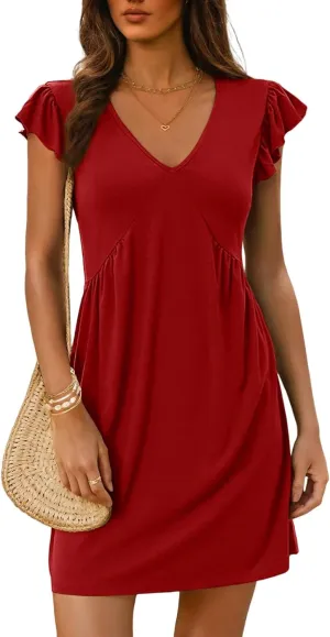 Dokotoo Women's Summer Dresses Beach 2025 Casual Deep V Neck Loose Sundress Ruffle Sleeve Mini Dress
