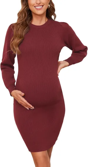 Ecavus Women's Maternity Sweater Dress Long Bishop Sleeves Knit Pullover Bodycon Mini Dresses