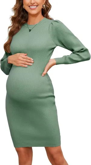 Ecavus Women's Maternity Sweater Dress Long Bishop Sleeves Knit Pullover Bodycon Mini Dresses