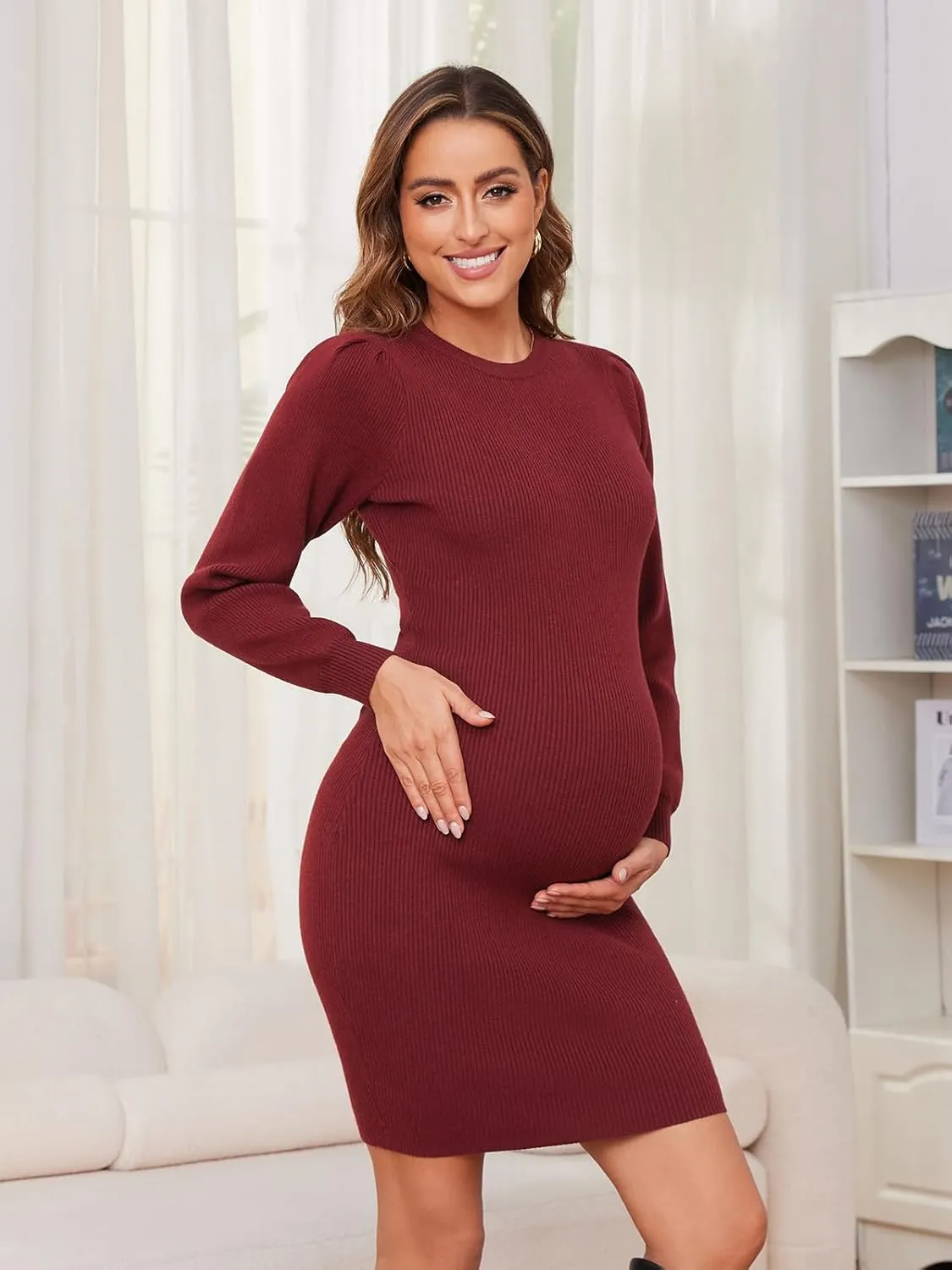 Ecavus Women's Maternity Sweater Dress Long Bishop Sleeves Knit Pullover Bodycon Mini Dresses