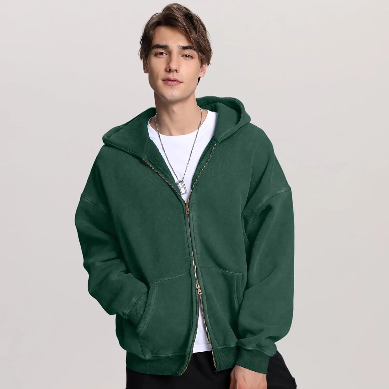 FAIABLE Mens Womens Double Zip Up Hoodie Oversized Acid Wash Heavyweight Fleece Cotton Zipper Hoodie Vintage