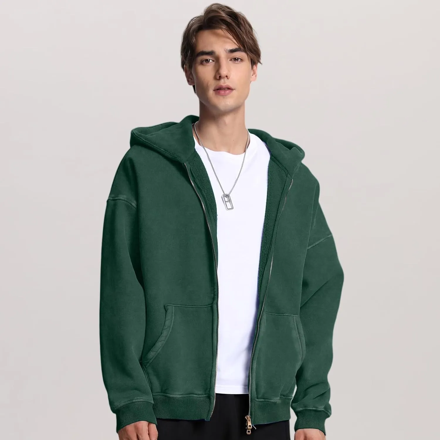 FAIABLE Mens Womens Double Zip Up Hoodie Oversized Acid Wash Heavyweight Fleece Cotton Zipper Hoodie Vintage