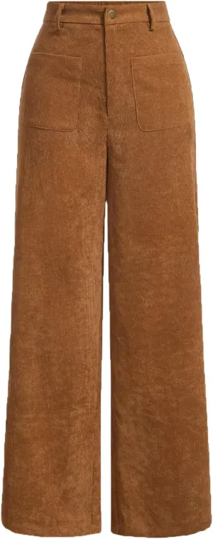 Floerns Women's Hight Waist Corduroy Velvet Slant Pocket Wide Leg Pants