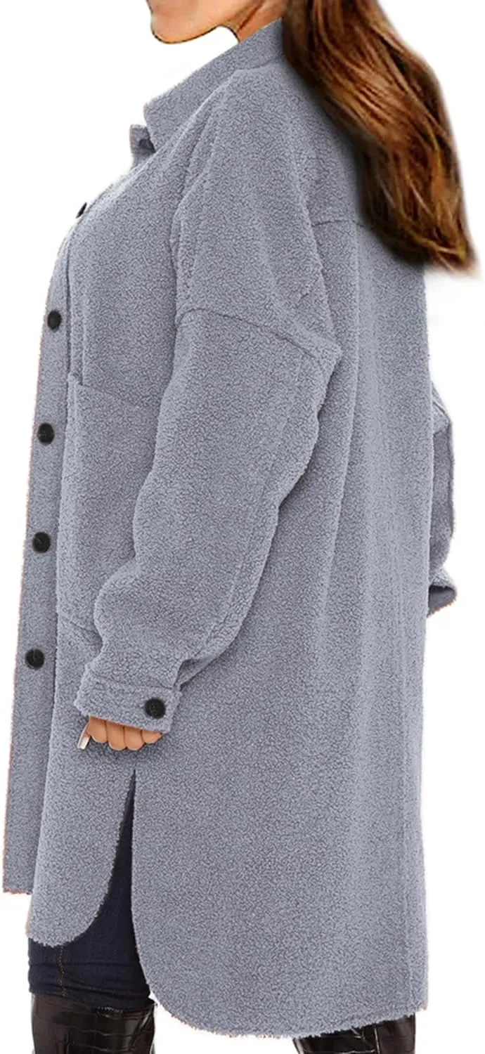 FSHAOES Women's Oversized Fleece Jackets Fuzzy Long Sleeve Open Front Teddy Jackets Sherpa Coat Long Cardigan Outerwear