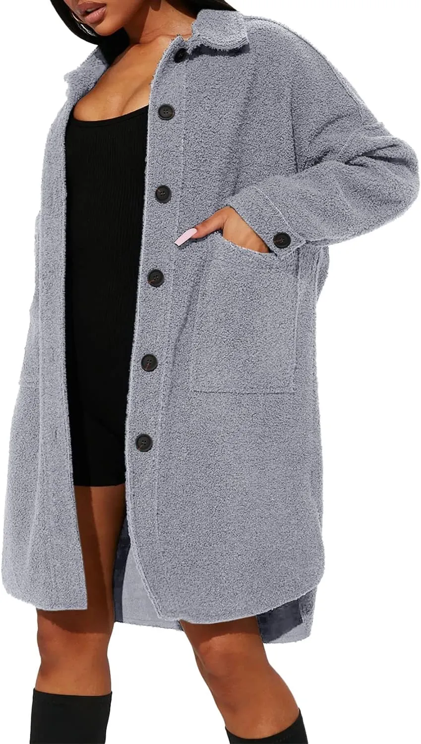 FSHAOES Women's Oversized Fleece Jackets Fuzzy Long Sleeve Open Front Teddy Jackets Sherpa Coat Long Cardigan Outerwear