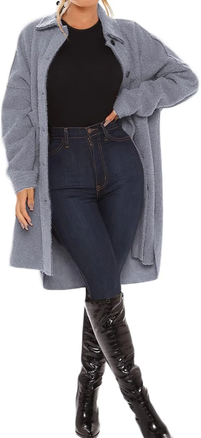FSHAOES Women's Oversized Fleece Jackets Fuzzy Long Sleeve Open Front Teddy Jackets Sherpa Coat Long Cardigan Outerwear