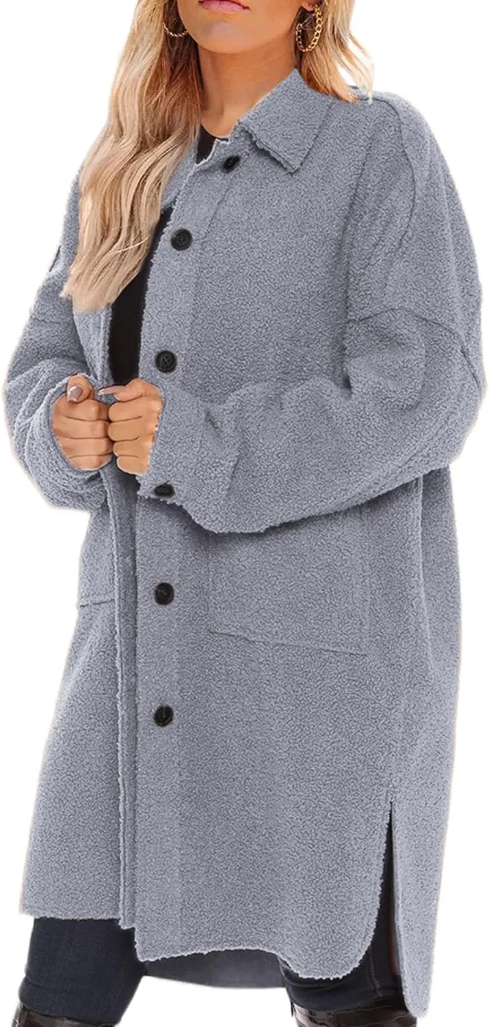 FSHAOES Women's Oversized Fleece Jackets Fuzzy Long Sleeve Open Front Teddy Jackets Sherpa Coat Long Cardigan Outerwear
