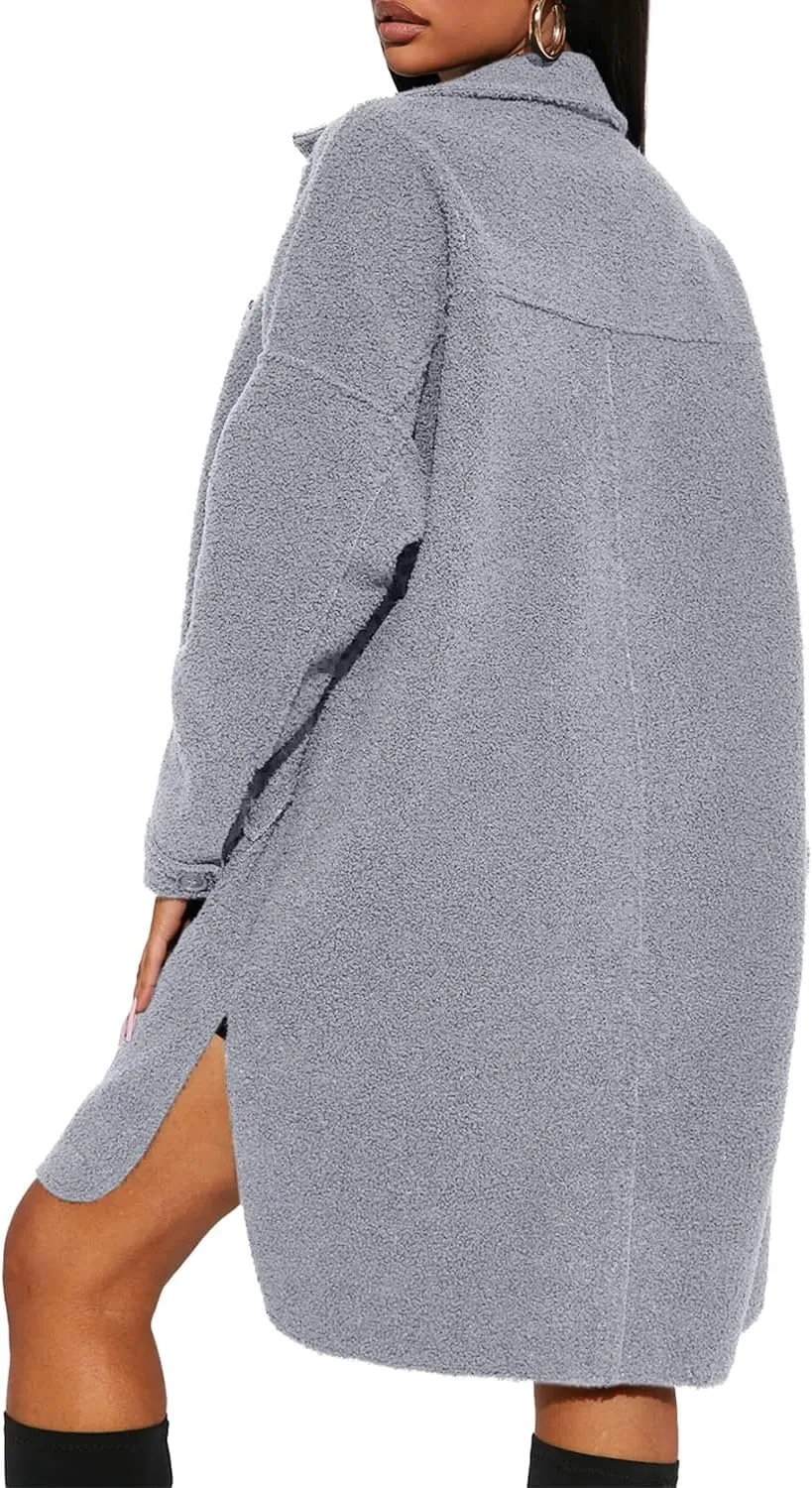 FSHAOES Women's Oversized Fleece Jackets Fuzzy Long Sleeve Open Front Teddy Jackets Sherpa Coat Long Cardigan Outerwear