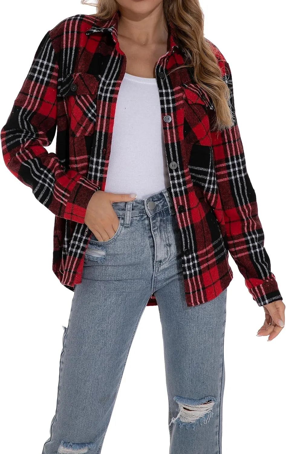 GUANYY Womens Flannel Shirt- Button Down Long Sleeve Shirts Lightweight Plaid Shacket Jacket 2024 Fall Outfits