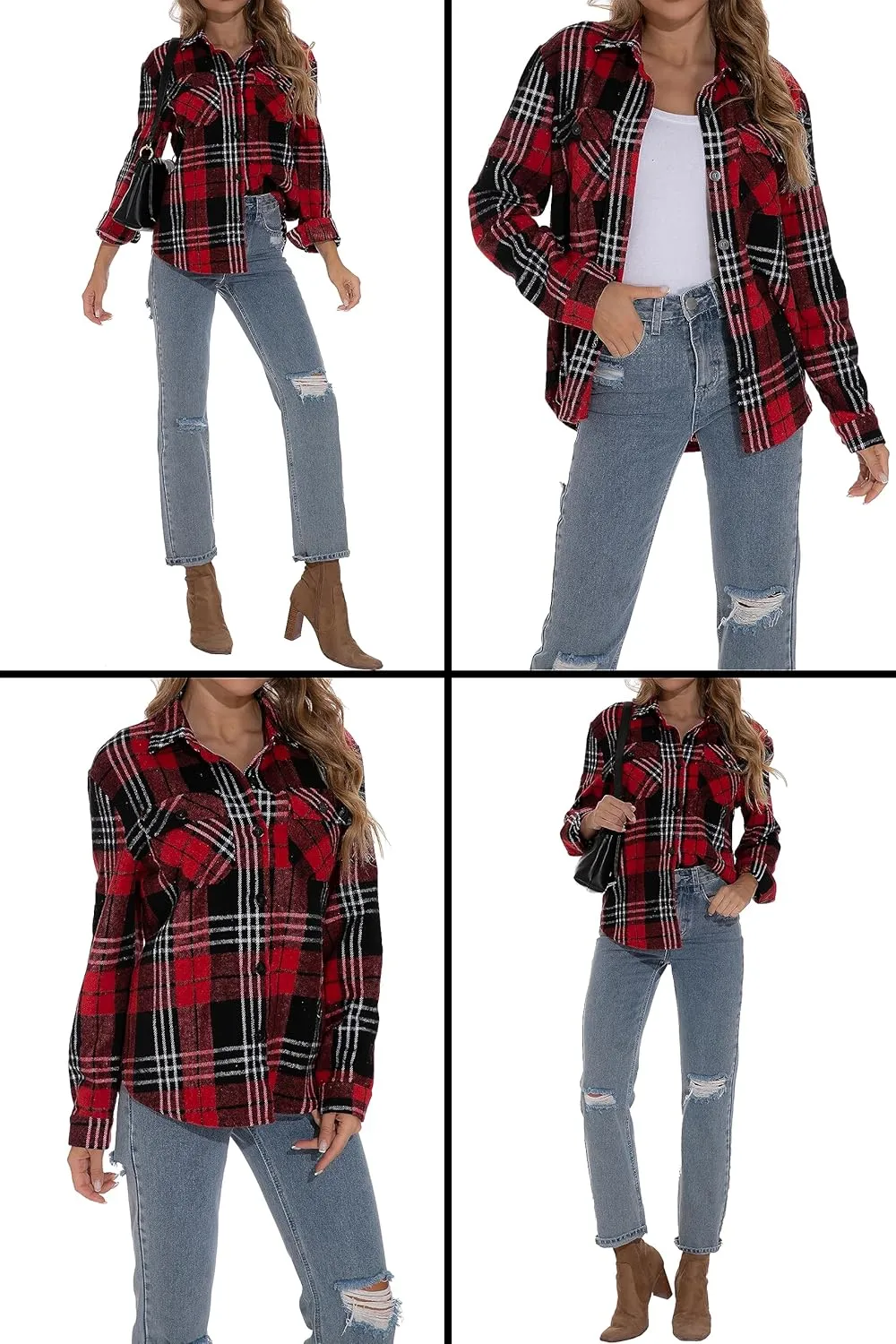 GUANYY Womens Flannel Shirt- Button Down Long Sleeve Shirts Lightweight Plaid Shacket Jacket 2024 Fall Outfits