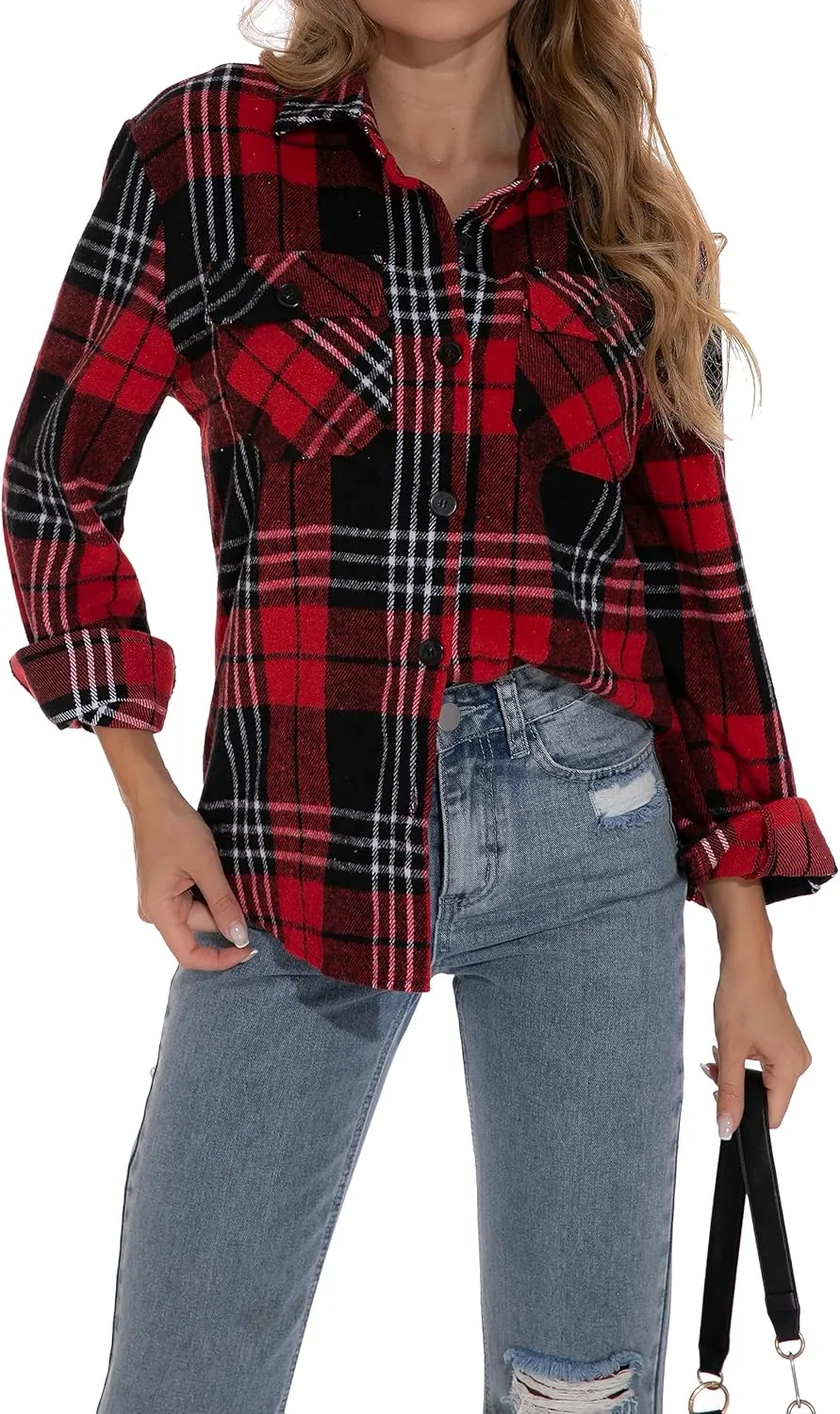GUANYY Womens Flannel Shirt- Button Down Long Sleeve Shirts Lightweight Plaid Shacket Jacket 2024 Fall Outfits