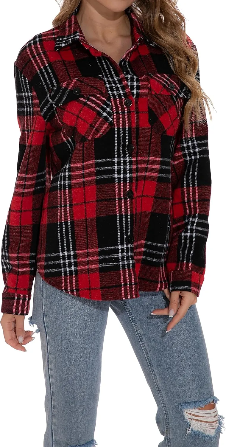 GUANYY Womens Flannel Shirt- Button Down Long Sleeve Shirts Lightweight Plaid Shacket Jacket 2024 Fall Outfits