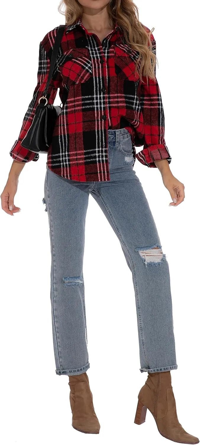 GUANYY Womens Flannel Shirt- Button Down Long Sleeve Shirts Lightweight Plaid Shacket Jacket 2024 Fall Outfits