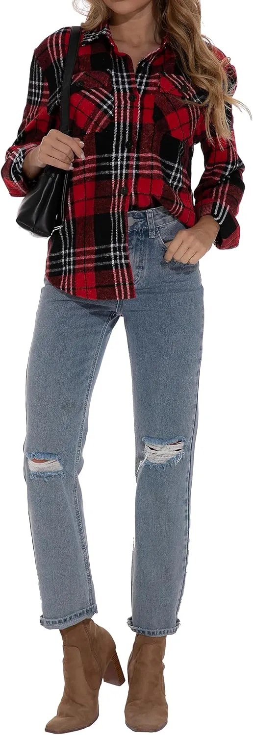 GUANYY Womens Flannel Shirt- Button Down Long Sleeve Shirts Lightweight Plaid Shacket Jacket 2024 Fall Outfits